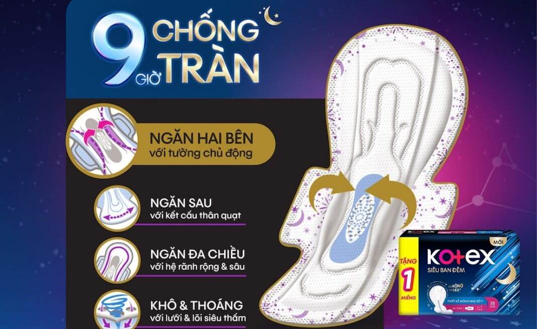 Băng vệ sinh Kotex siêu ban đêm 35cm với 9 giờ chống tràn hiệu quả