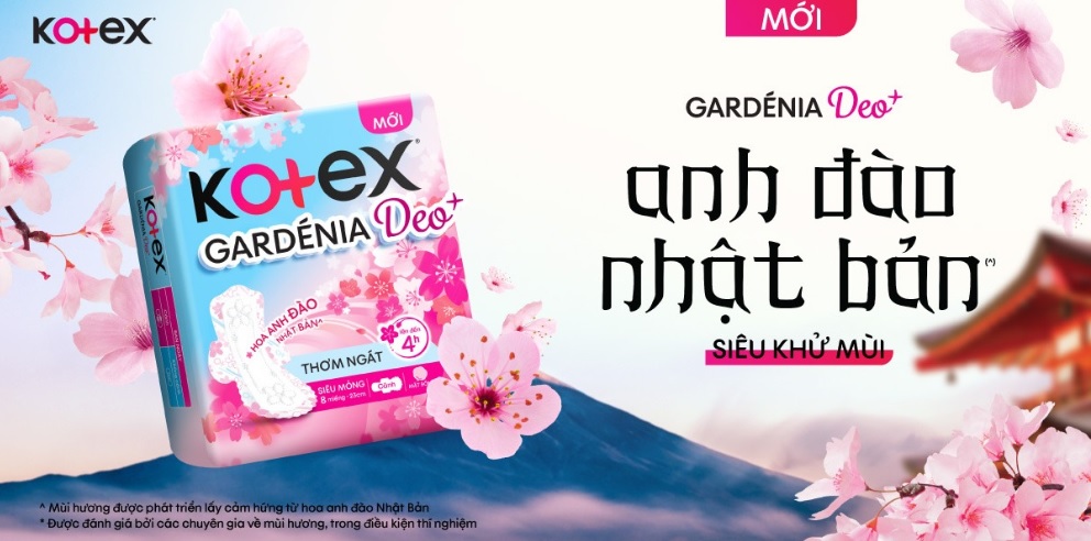 Kotex Gardenia Deo+ hương hoa anh đào với lõi 3D siêu thấm hút giúp thấm nhanh dịch nhầy